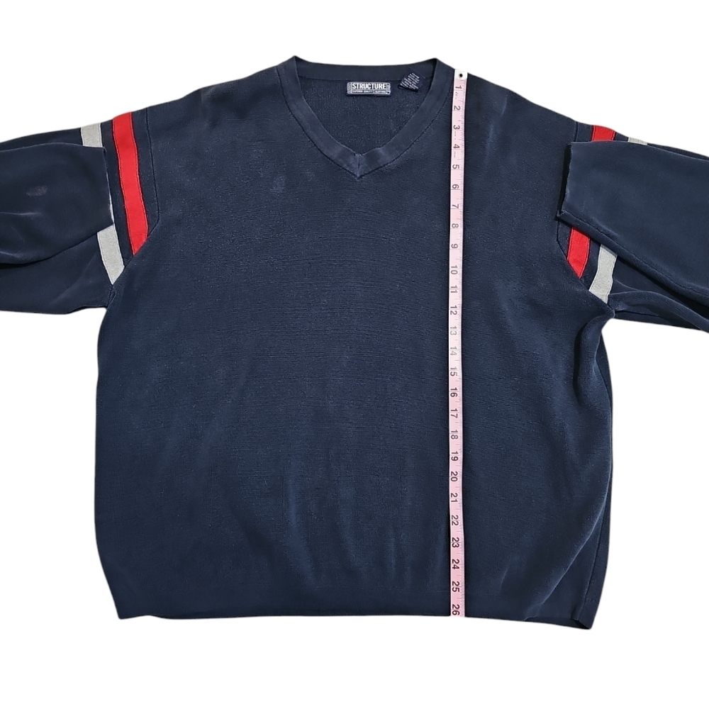 Structure Mens XL Navy V-Neck Sweater Red Gold Stripe Retro 90s Grunge Preppy - Picture 7 of 7
